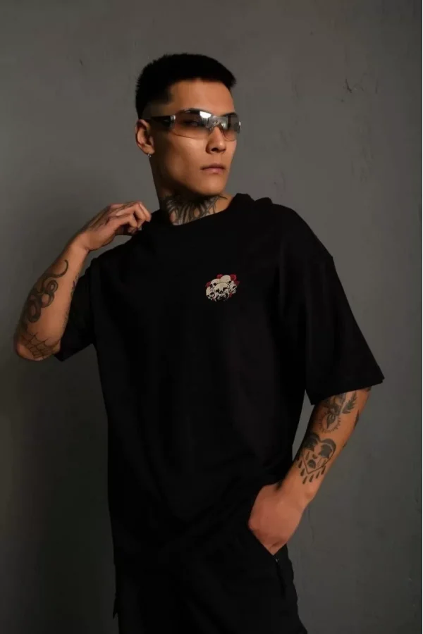 Unisex Bisiklet Yaka Baskılı Oversize T-Shirt - Siyah