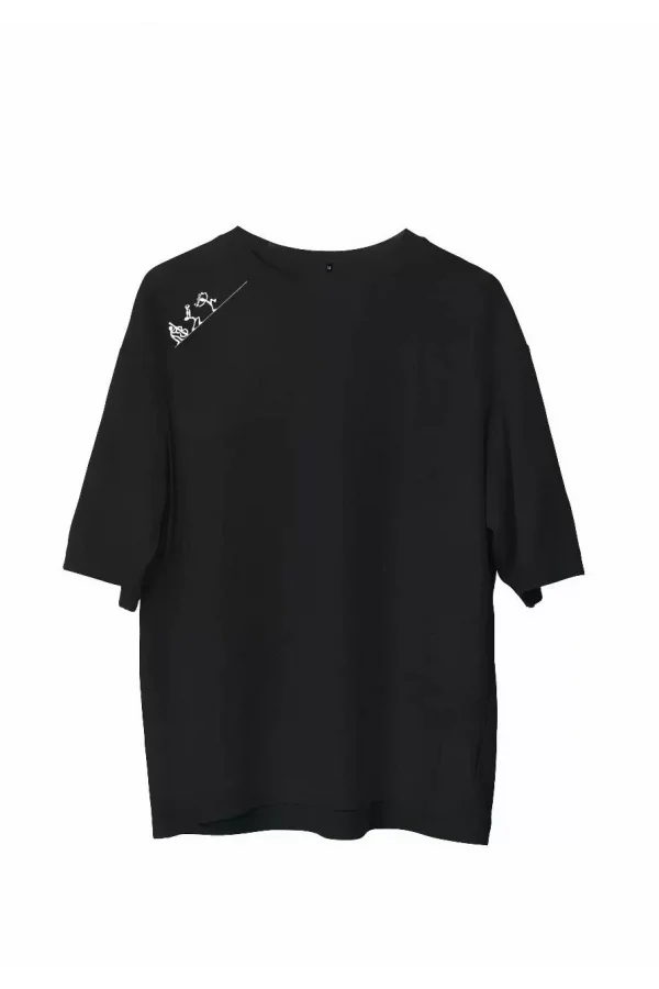 Unisex Bisiklet Yaka Baskılı Oversize T-Shirt - Siyah