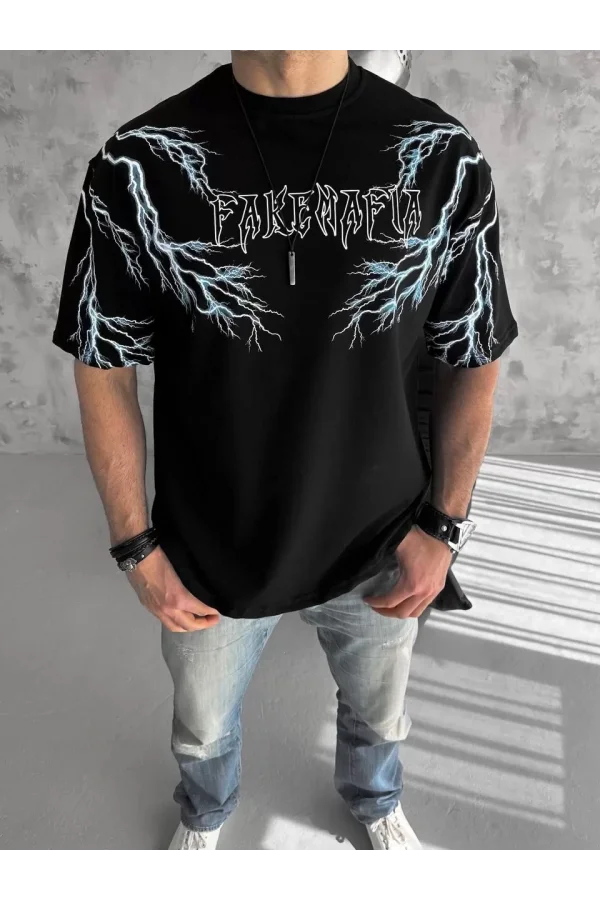 Unisex Bisiklet Yaka Baskılı Oversize T-Shirt - Siyah