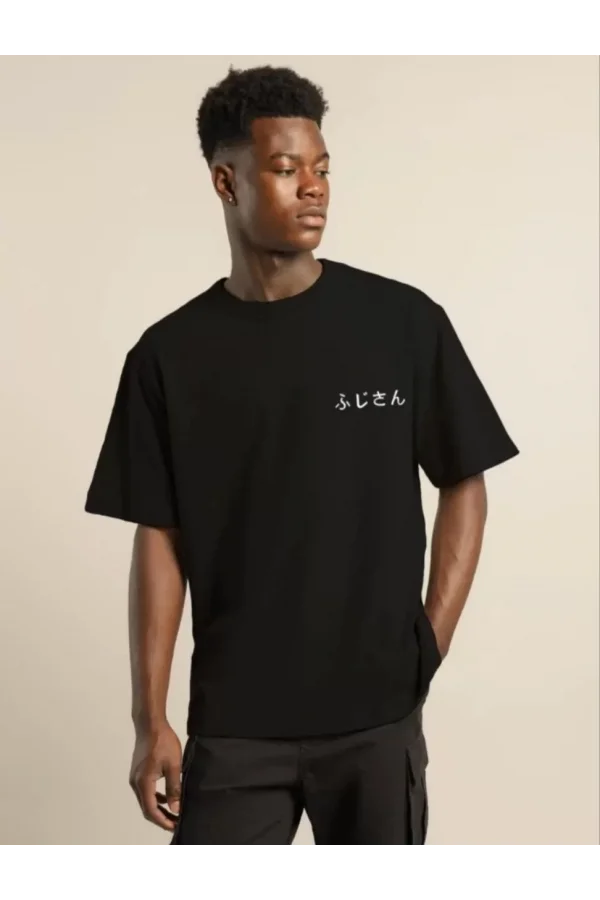 Unisex Bisiklet Yaka Baskılı Oversize T-Shirt - Siyah