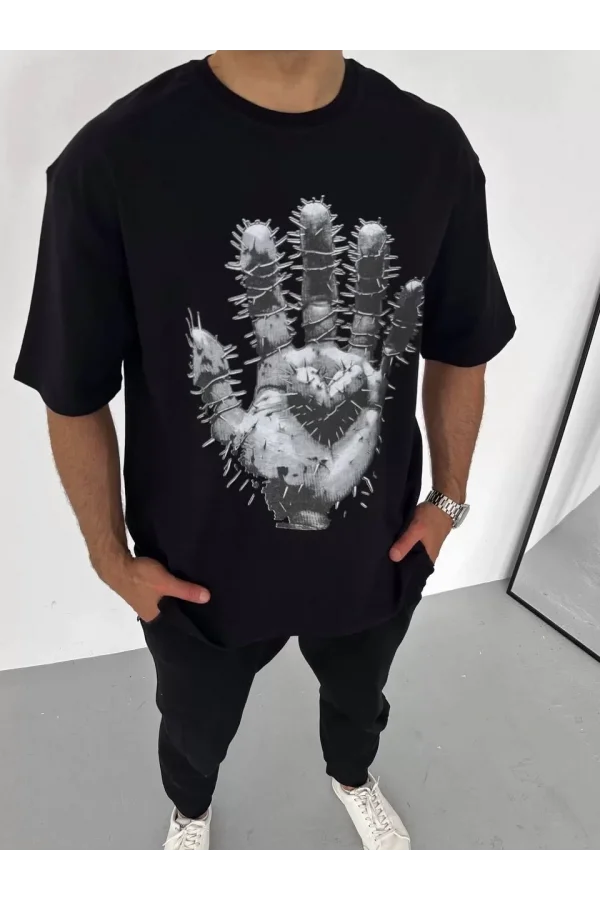 Unisex Bisiklet Yaka Baskılı Oversize T-Shirt - Siyah