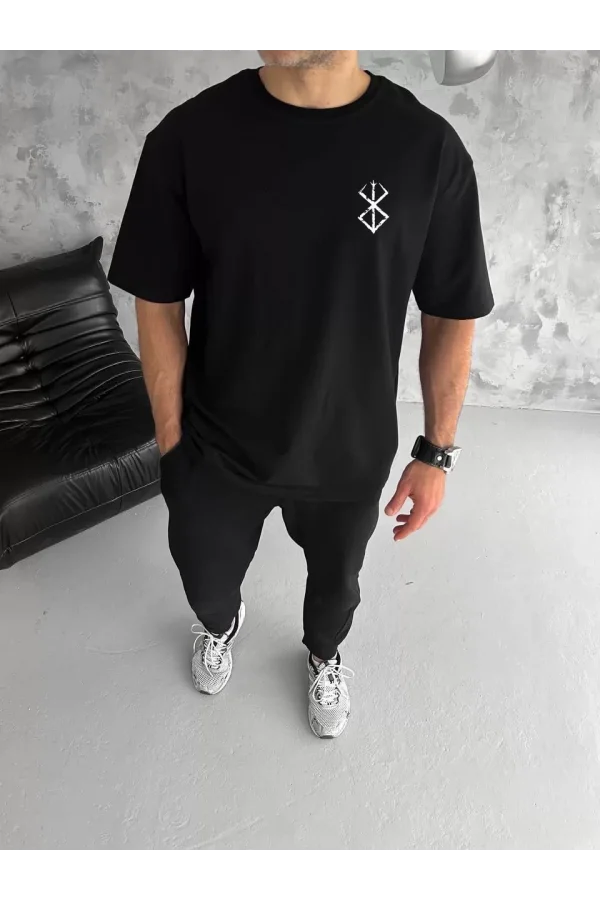 Unisex Bisiklet Yaka Baskılı Oversize T-Shirt - Siyah