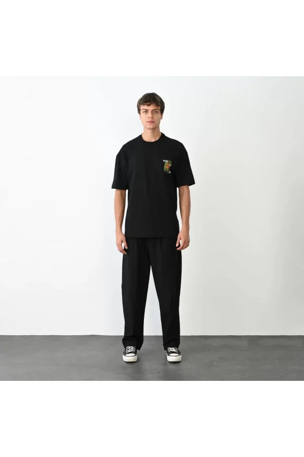 Unisex Bisiklet Yaka Baskılı Oversize T-Shirt - Siyah