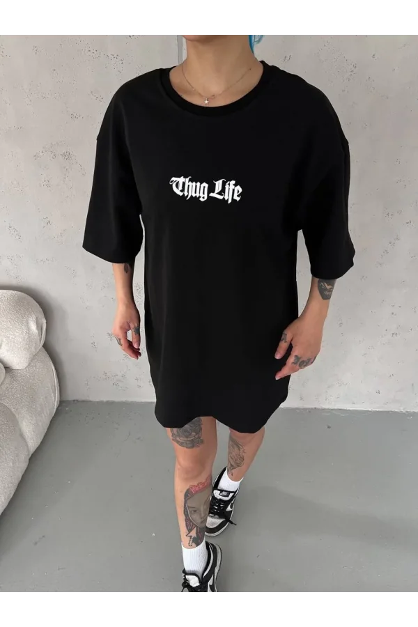 Unisex Bisiklet Yaka Baskılı Oversize T-Shirt - Siyah