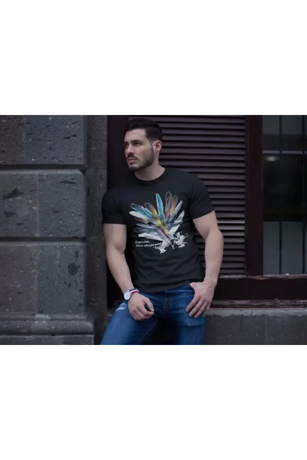 Unisex Bisiklet Yaka Baskılı Oversize T-Shirt - Siyah