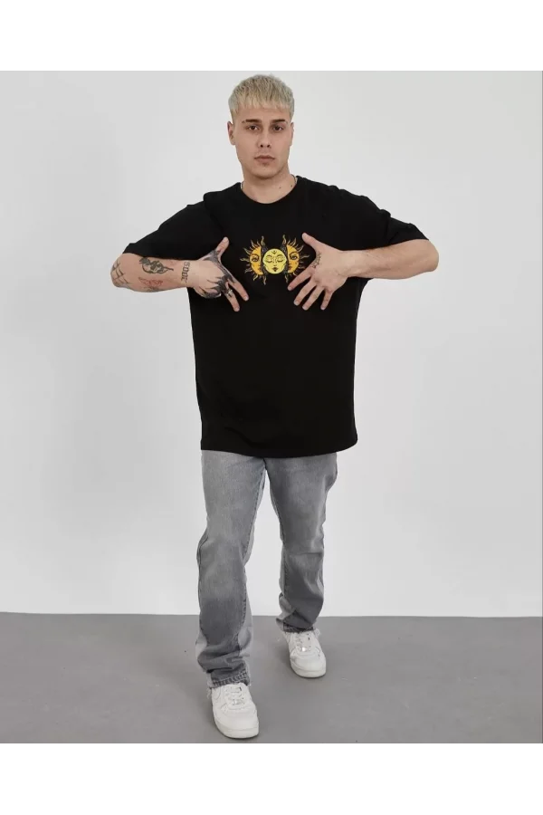 Unisex Bisiklet Yaka Baskılı Oversize T-Shirt - Siyah