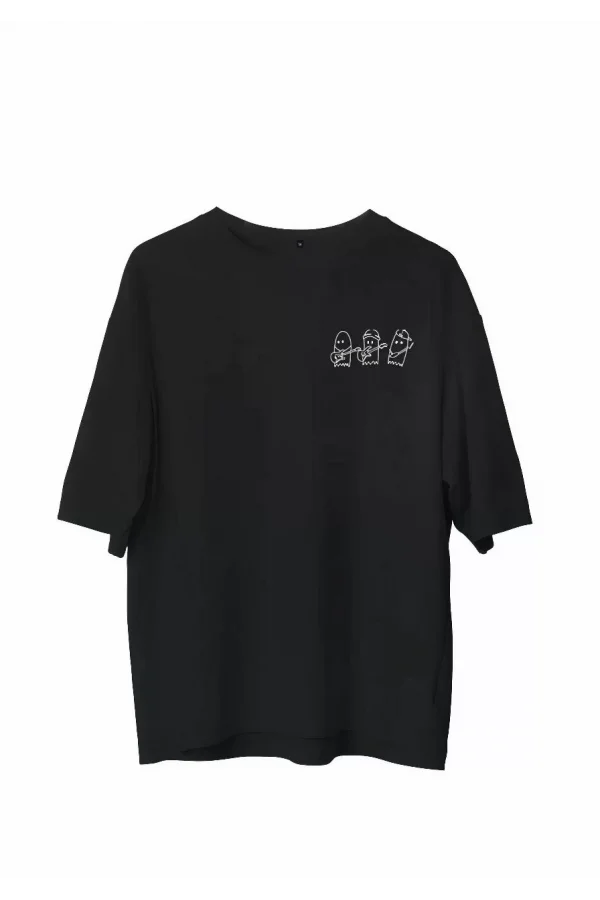 Unisex Bisiklet Yaka Baskılı Oversize T-Shirt - Siyah