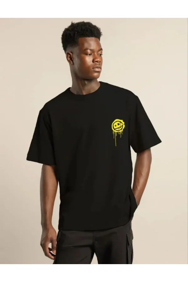 Unisex Bisiklet Yaka Baskılı Oversize T-Shirt - Siyah