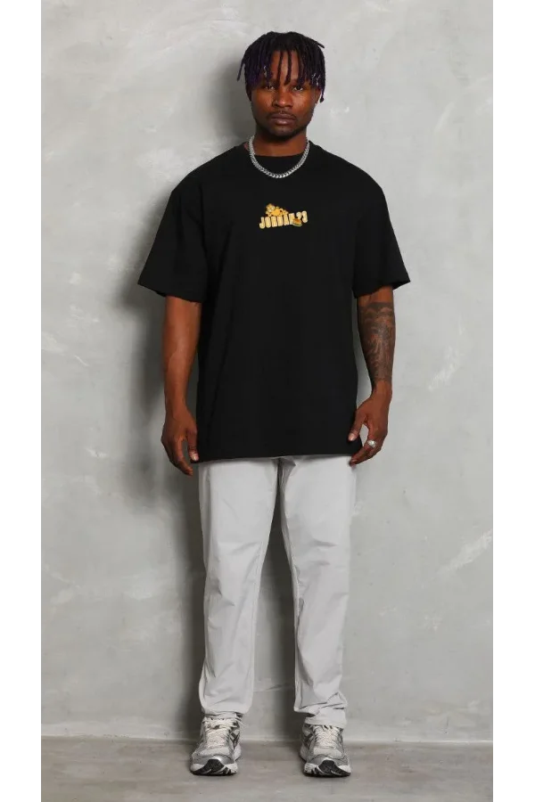 Unisex Bisiklet Yaka Baskılı Oversize T-Shirt - Siyah