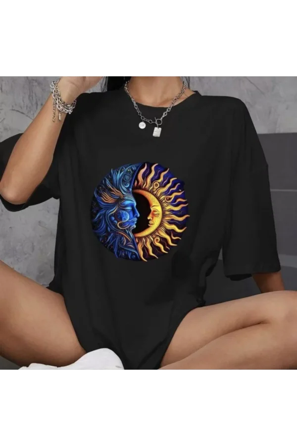 Unisex Bisiklet Yaka Baskılı Oversize T-Shirt - Siyah