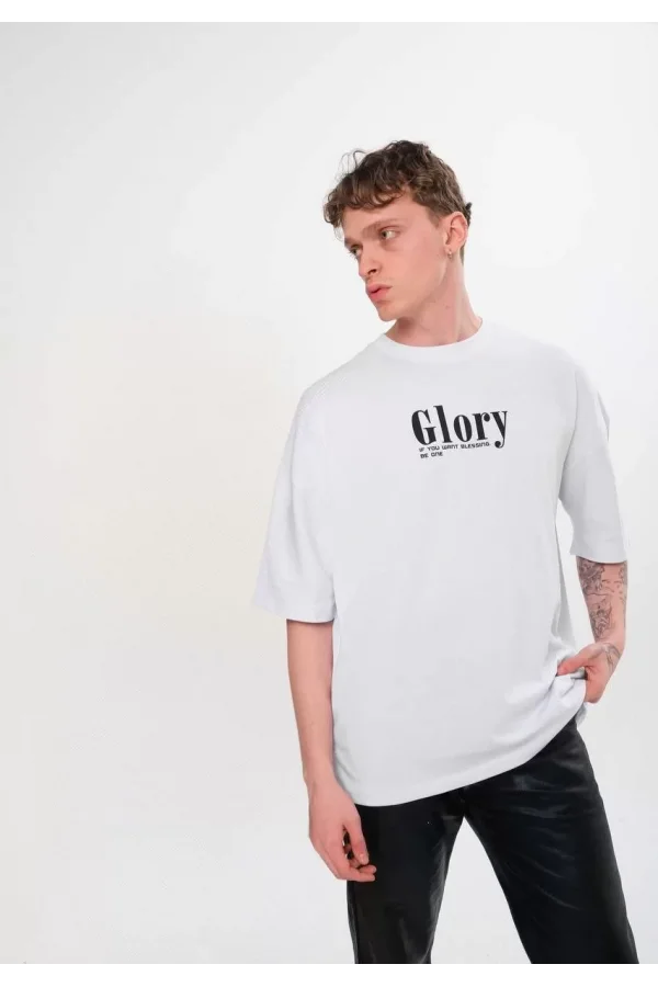 Unisex Bisiklet Yaka Baskılı Oversize T-Shirt - Siyah
