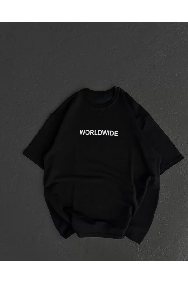 Unisex Bisiklet Yaka Baskılı Oversize T-Shirt - Siyah