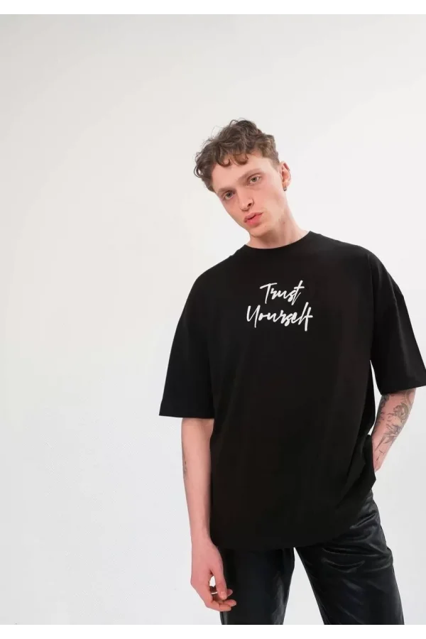 Unisex Bisiklet Yaka Baskılı Oversize T-Shirt - Siyah
