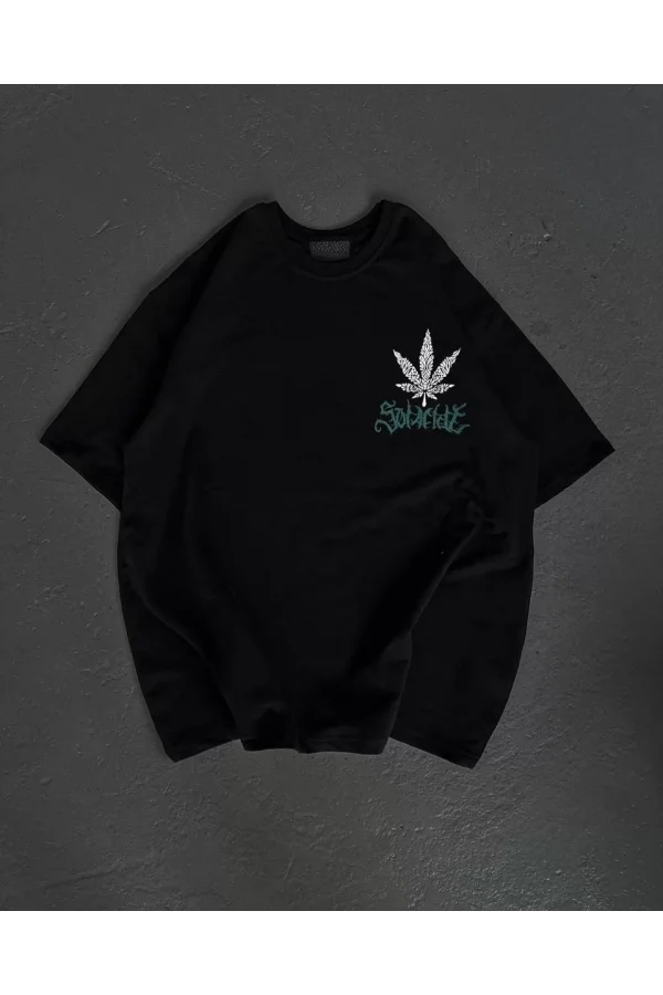 Unisex Bisiklet Yaka Baskılı Oversize T-Shirt - Siyah