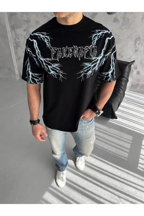 Unisex Bisiklet Yaka Baskılı Oversize T-Shirt-Siyah