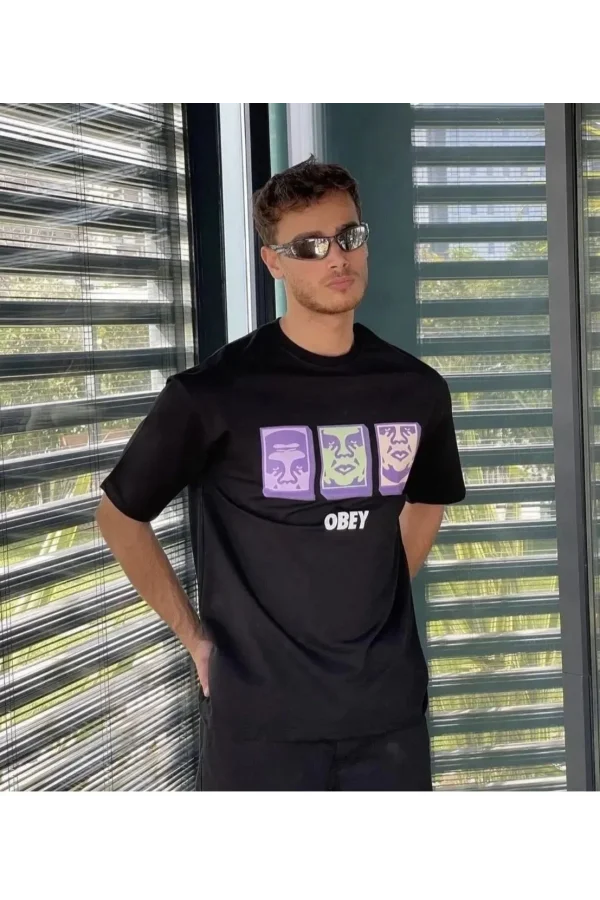 Unisex Bisiklet Yaka Baskılı Oversize T-Shirt - Siyah