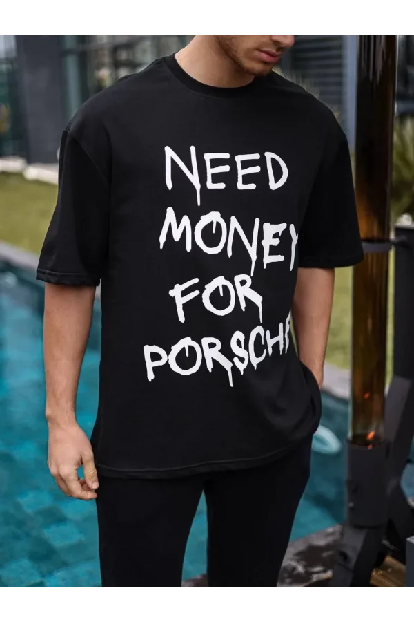 Unisex Bisiklet Yaka Baskılı Oversize T-Shirt - Siyah