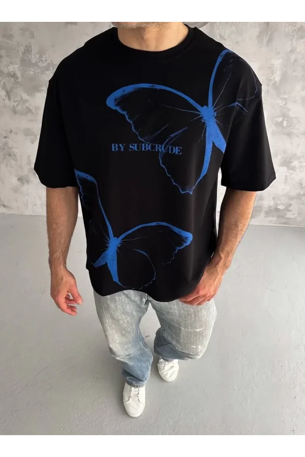 Unisex Bisiklet Yaka Baskılı Oversize T-Shirt - Siyah