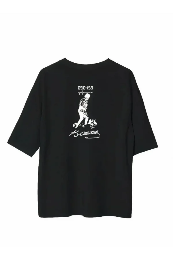 Unisex Bisiklet Yaka Baskılı Oversize T-Shirt - Siyah