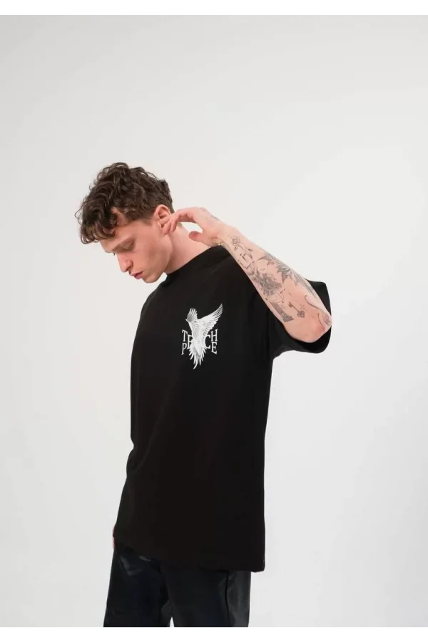 Unisex Bisiklet Yaka Baskılı Oversize T-Shirt - Siyah