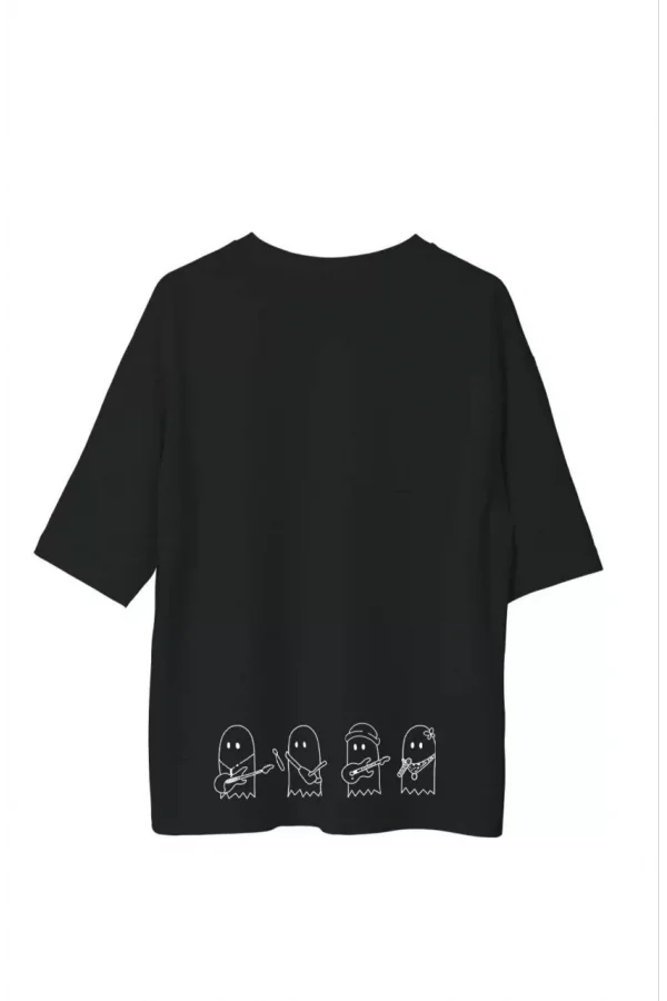 Unisex Bisiklet Yaka Baskılı Oversize T-Shirt - Siyah