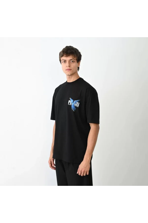 Unisex Bisiklet Yaka Baskılı Oversize T-Shirt - Siyah