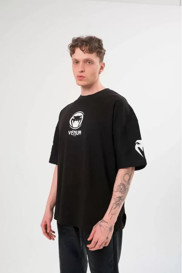 Unisex Bisiklet Yaka Baskılı Oversize T-Shirt - Siyah
