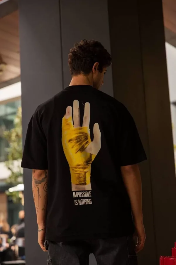 Unisex Bisiklet Yaka Baskılı Oversize T-Shirt - Siyah