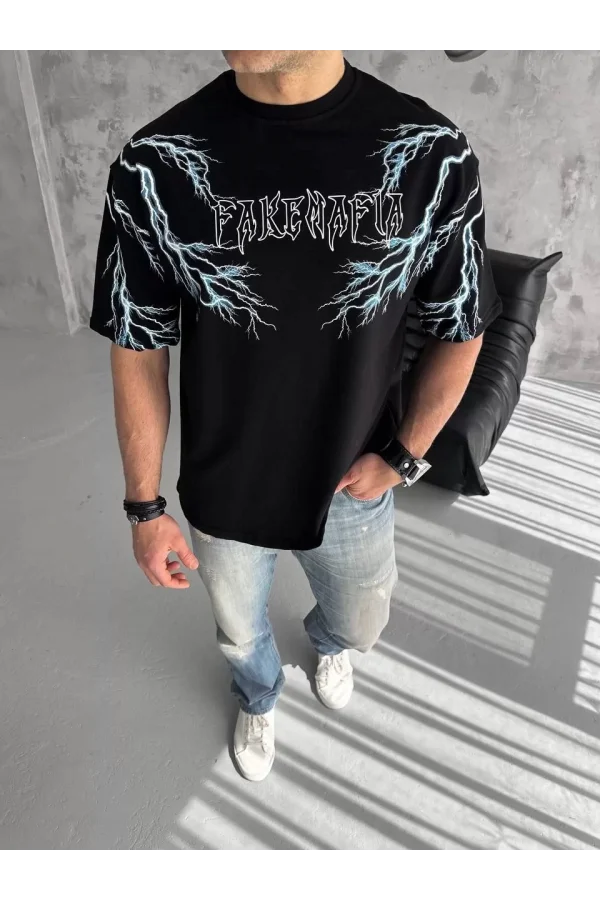 Unisex Bisiklet Yaka Baskılı Oversize T-Shirt - Siyah