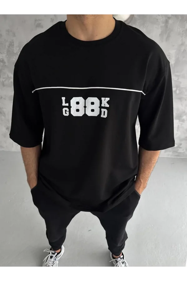Unisex Bisiklet Yaka Baskılı Oversize T-Shirt - Siyah
