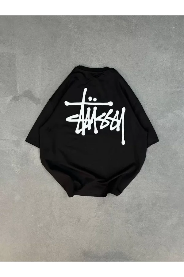 Unisex Bisiklet Yaka Baskılı Oversize T-Shirt - Siyah