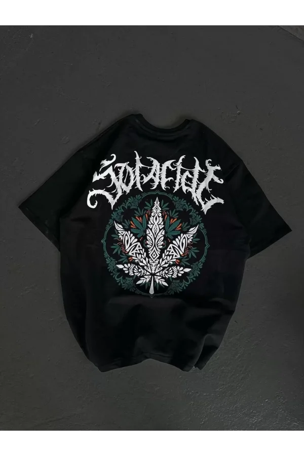 Unisex Bisiklet Yaka Baskılı Oversize T-Shirt - Siyah