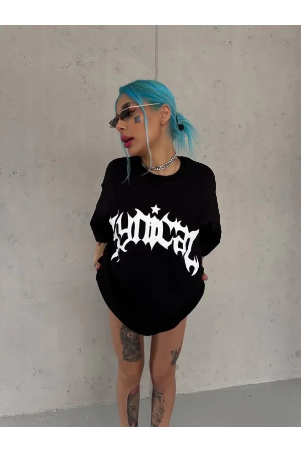 Unisex Bisiklet Yaka Baskılı Oversize T-Shirt - Siyah