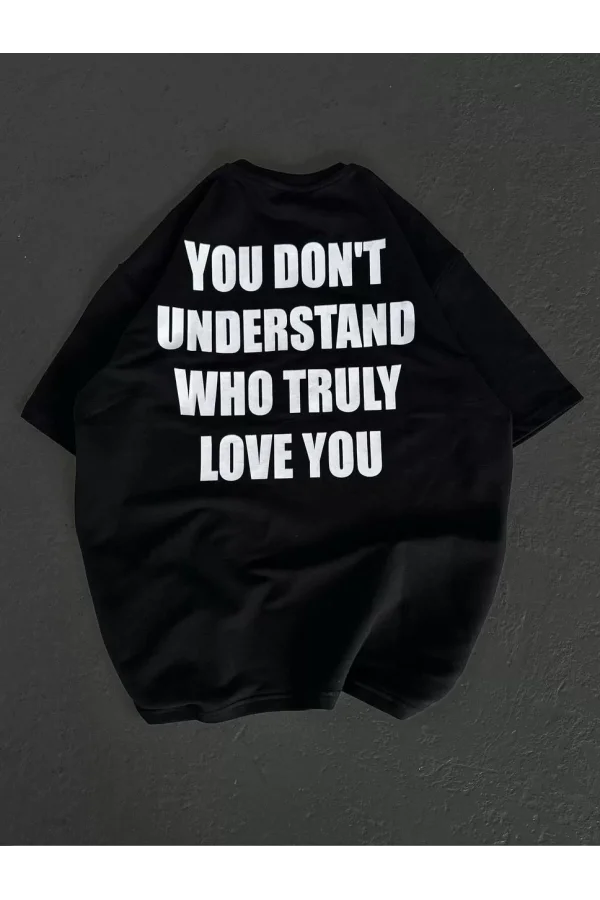 Unisex Bisiklet Yaka Baskılı Oversize T-Shirt - Siyah