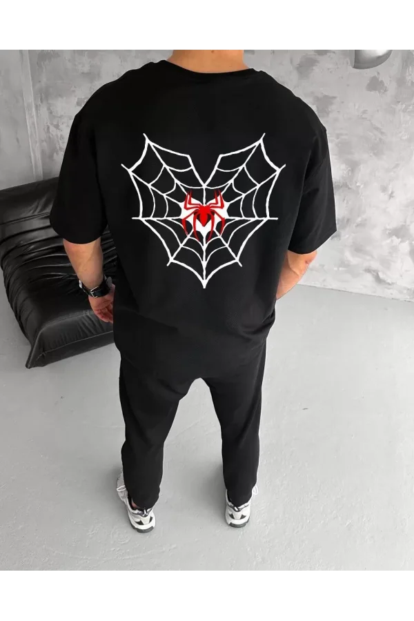 Unisex Bisiklet Yaka Baskılı Oversize T-Shirt - Siyah