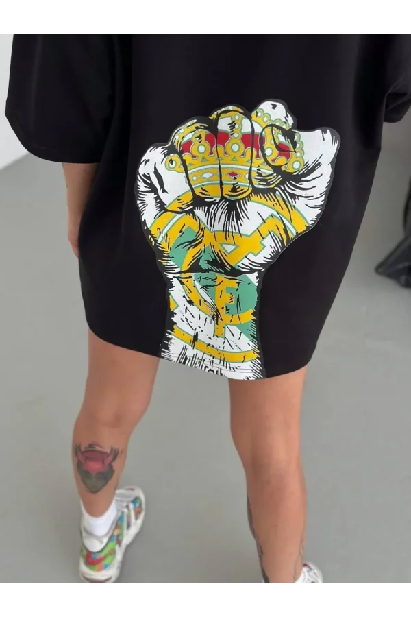 Unisex Bisiklet Yaka Baskılı Oversize T-Shirt - Siyah