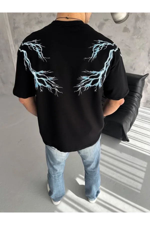 Unisex Bisiklet Yaka Baskılı Oversize T-Shirt - Siyah