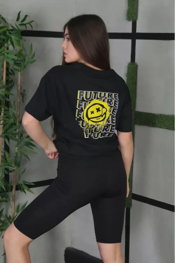 Unisex Bisiklet Yaka Baskılı Oversize T-Shirt - Siyah