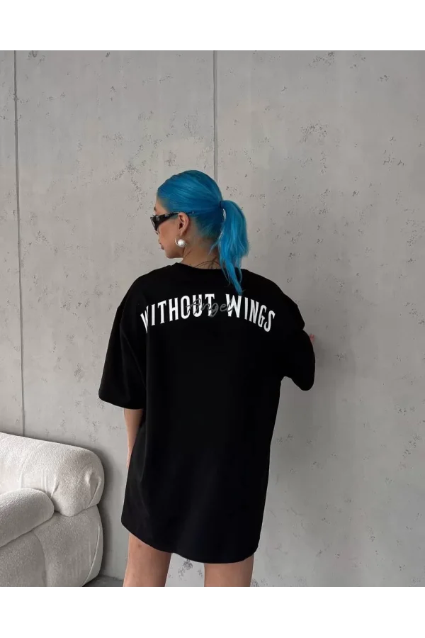 Unisex Bisiklet Yaka Baskılı Oversize T-Shirt - Siyah