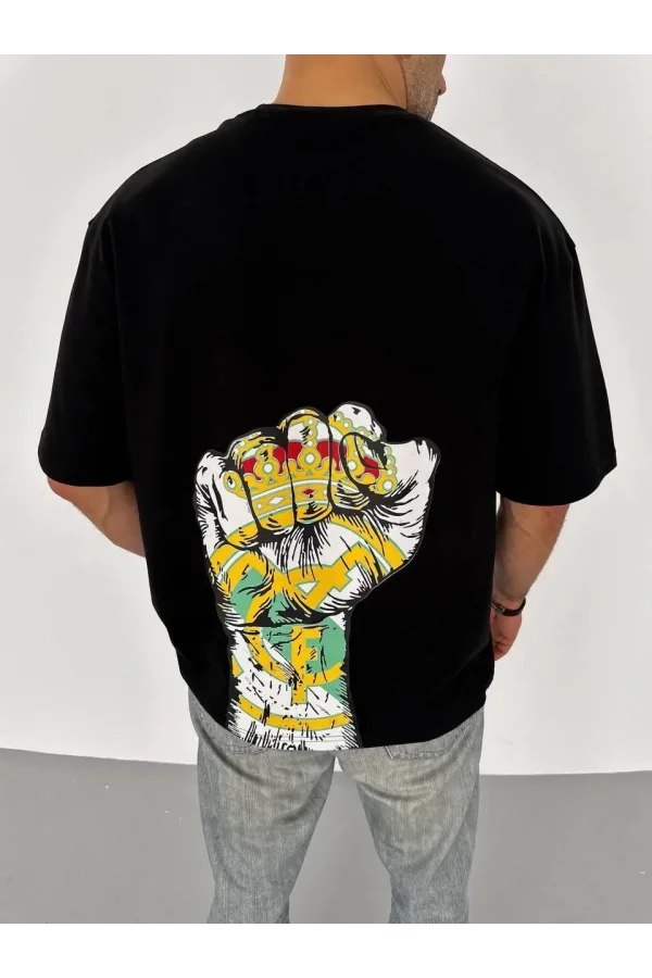 Unisex Bisiklet Yaka Baskılı Oversize T-Shirt - Siyah