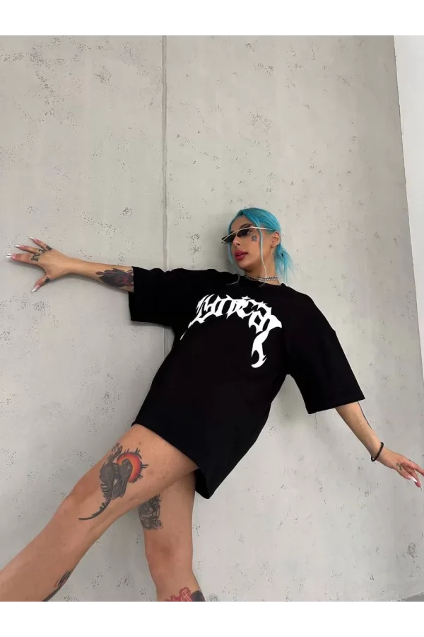 Unisex Bisiklet Yaka Baskılı Oversize T-Shirt - Siyah