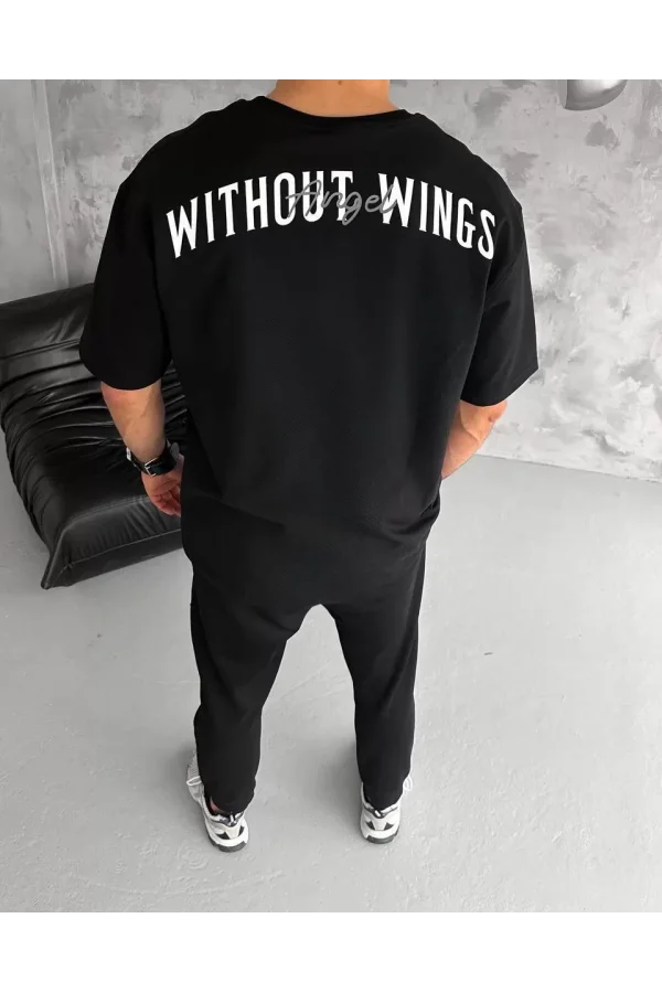 Unisex Bisiklet Yaka Baskılı Oversize T-Shirt - Siyah