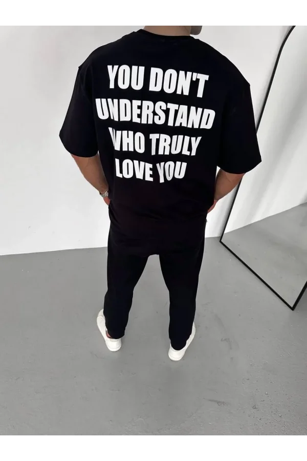 Unisex Bisiklet Yaka Baskılı Oversize T-Shirt - Siyah