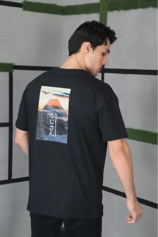 Unisex Bisiklet Yaka Baskılı Oversize T-Shirt - Siyah