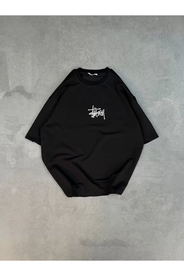 Unisex Bisiklet Yaka Baskılı Oversize T-Shirt - Siyah