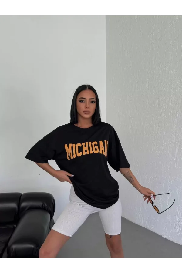 Unisex Bisiklet Yaka Baskılı Oversize T-Shirt - Siyah