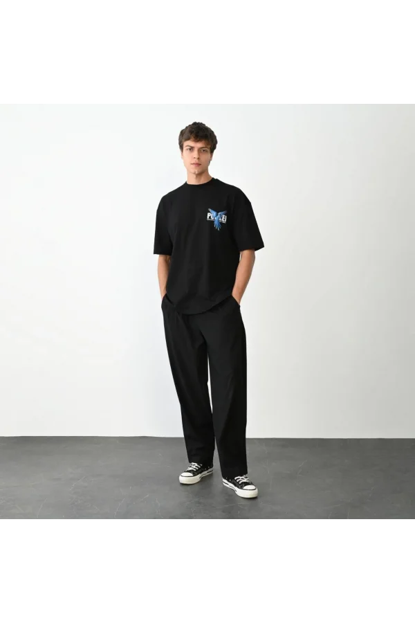 Unisex Bisiklet Yaka Baskılı Oversize T-Shirt - Siyah