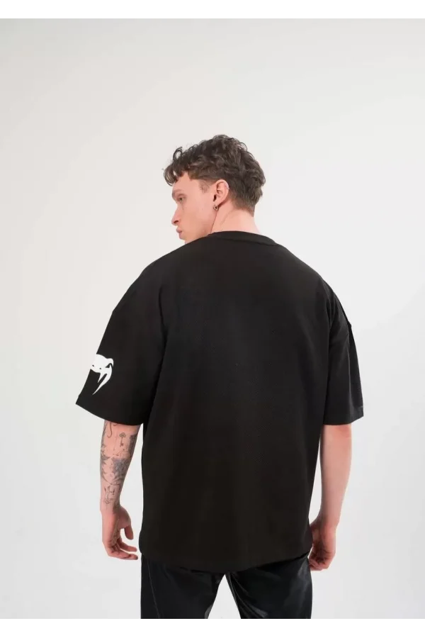 Unisex Bisiklet Yaka Baskılı Oversize T-Shirt - Siyah