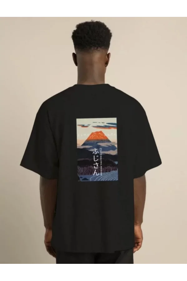 Unisex Bisiklet Yaka Baskılı Oversize T-Shirt - Siyah