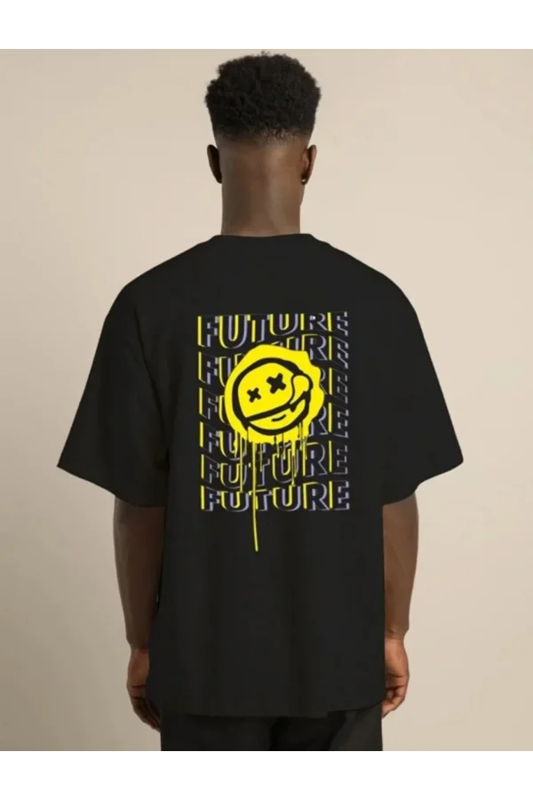 Unisex Bisiklet Yaka Baskılı Oversize T-Shirt - Siyah